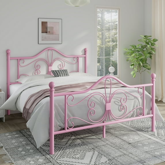 Sha Cerlin Full Size Metal Platform Bed Frame with Victorian Vintage Butterfly Headboard&Footboard, Pink
