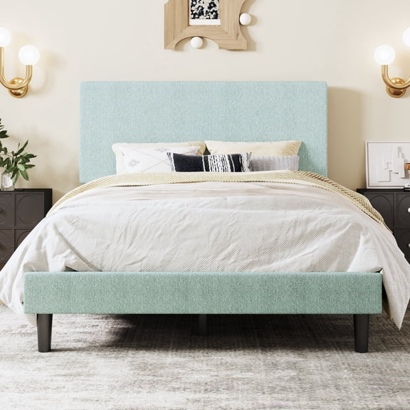 Sha Cerlin Full Size Platform Bed Frame with Adjustable Headboard and Wooden Slats Support, Boucle Upholstered Mattress Foundation, No Box Spring Needed, Ice Blue
