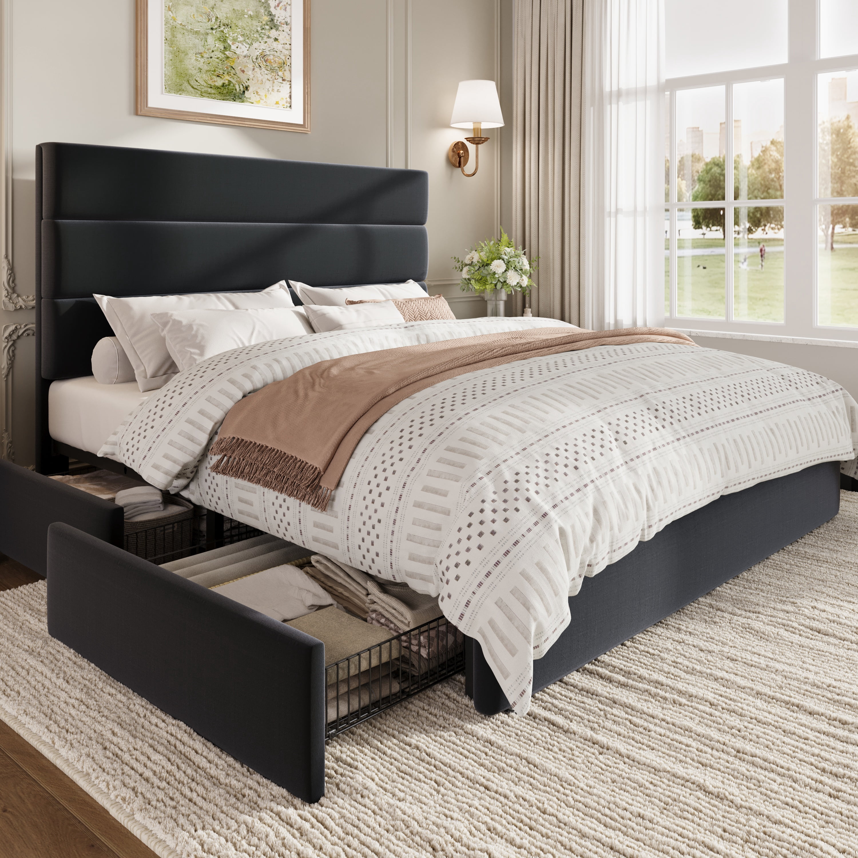 Sha Cerlin Full Size Platform Bed Frame with 4 Storage Drawers, Velvet Upholstered Headboard, Black