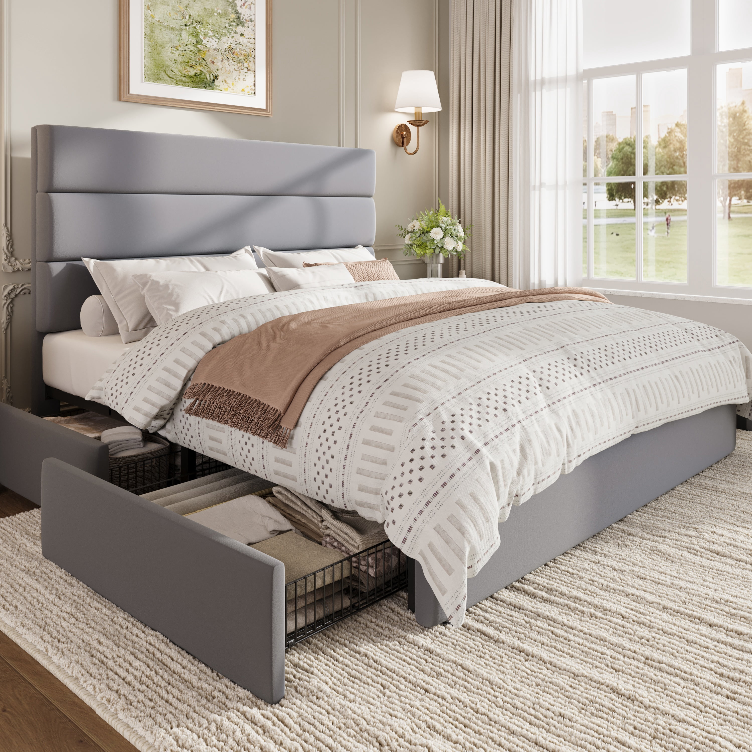 Sha Cerlin Full Size Platform Bed Frame with 4 Storage Drawers, Velvet Upholstered Headboard, Gray
