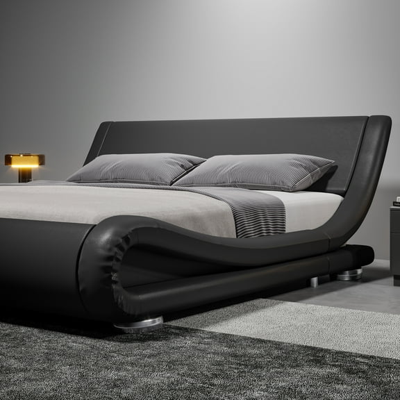 Sha Cerlin Full Size Upholstered Faux Leather Low Profile Sleigh Platform Bed Frame with Adjustable Headboard, No Box Spring Needed, Black