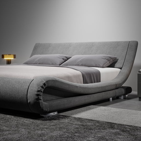 Sha Cerlin Full Size Upholstered Linen Fabric Low Profile Sleigh Platform Bed Frame with Adjustable Headboard, Wood Slats Support, Grey