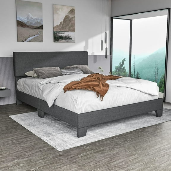 Sha Cerlin Full Size Upholstered Platform Bed Fame with Adjustable Fabric Headboard, Wood Slat Support, Dark Grey