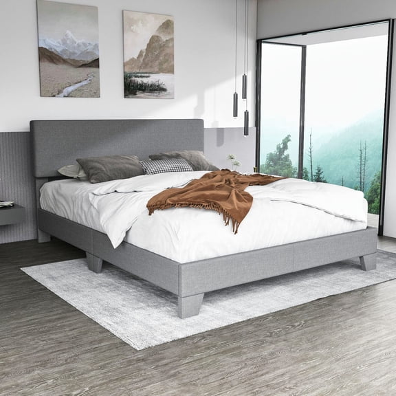 Sha Cerlin Full Size Upholstered Platform Bed Fame with Adjustable Fabric Headboard, Wood Slat Support, Light Grey