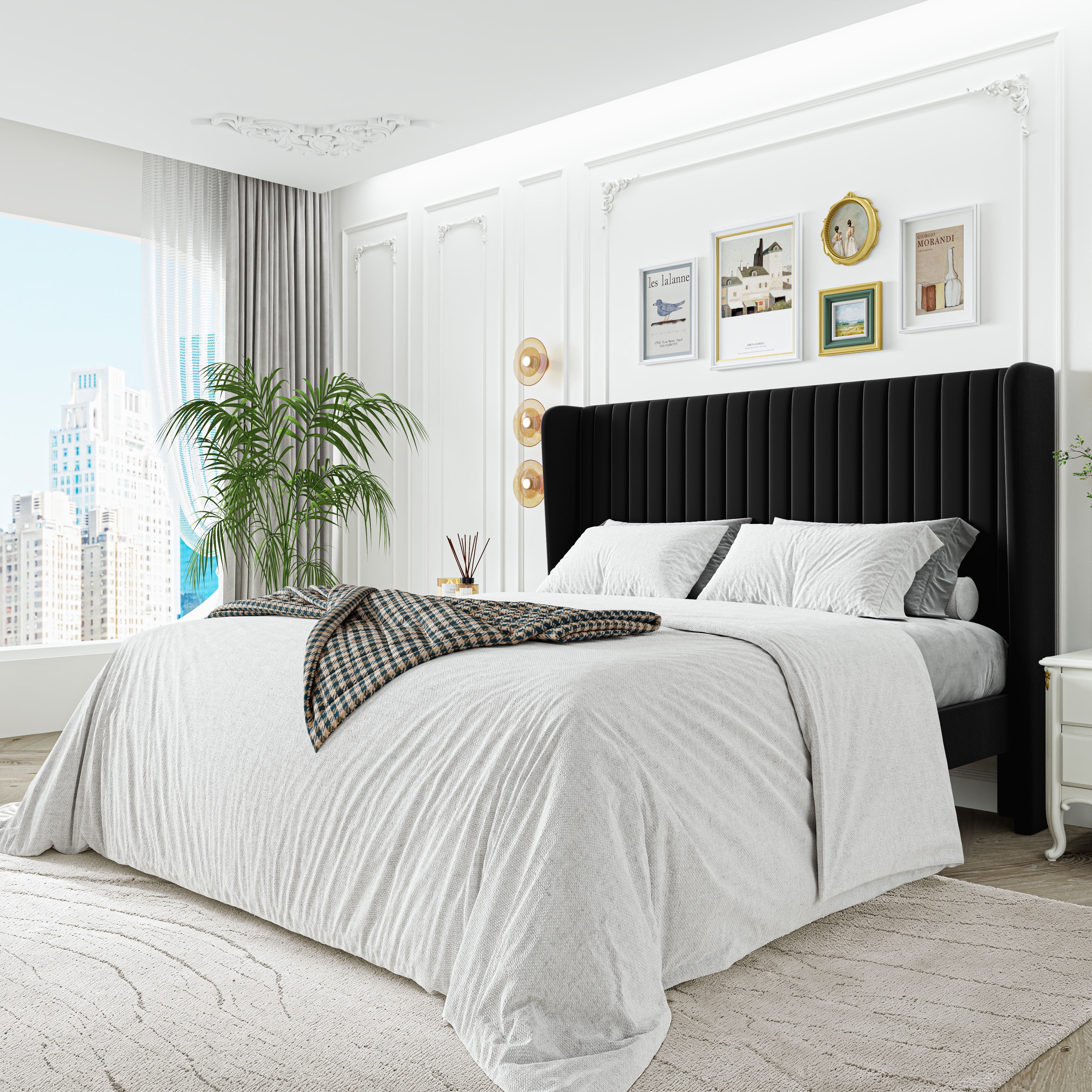 Sha Cerlin Full Size Upholstered Platform Bed Frame with Velvet Channel Wingback Headboard, Black