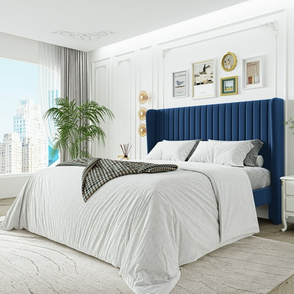 Sha Cerlin Full Size Upholstered Platform Bed Frame with Velvet Channel Wingback Headboard, Dark Blue