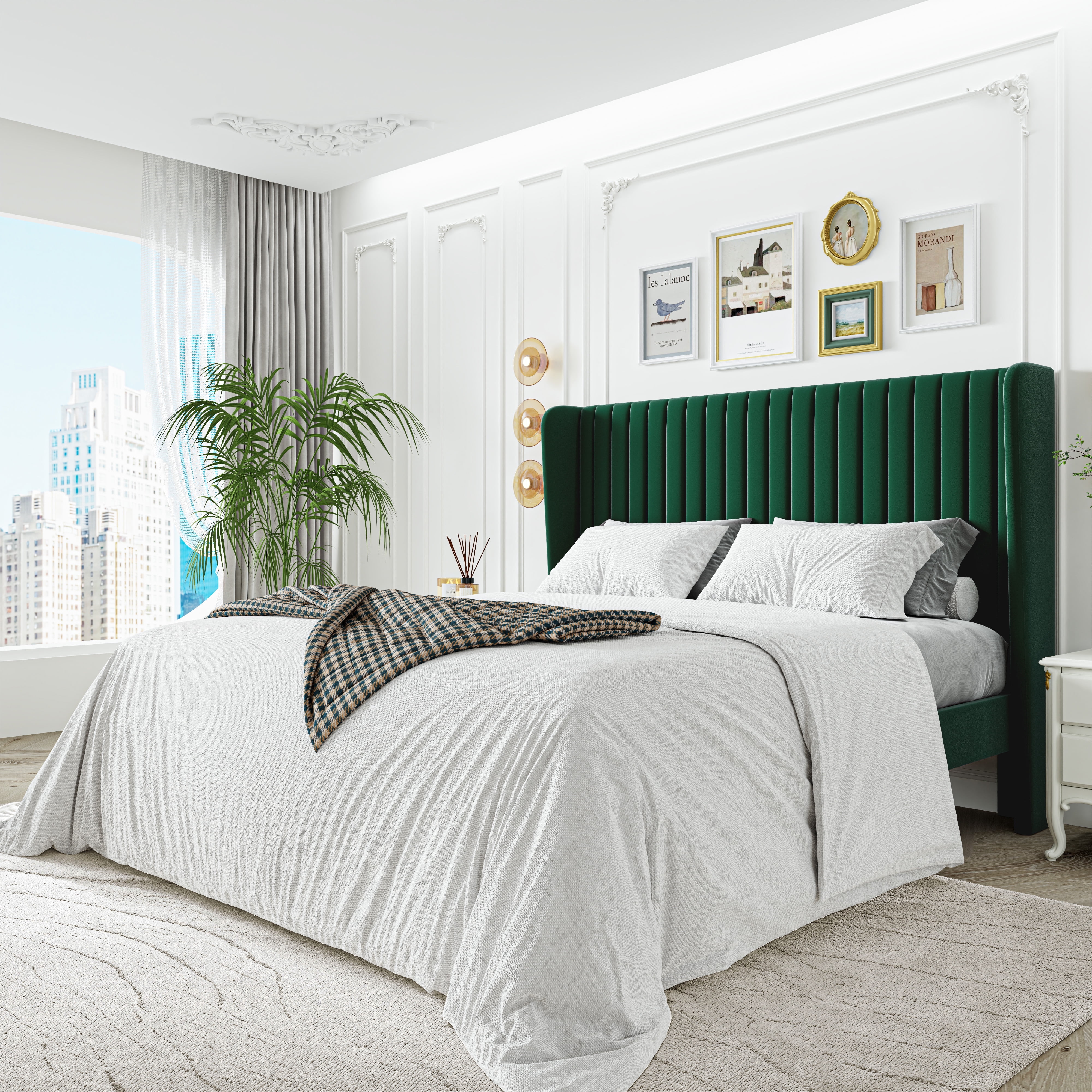Sha Cerlin Full Size Upholstered Platform Bed Frame with Velvet Channel Wingback Headboard, Green