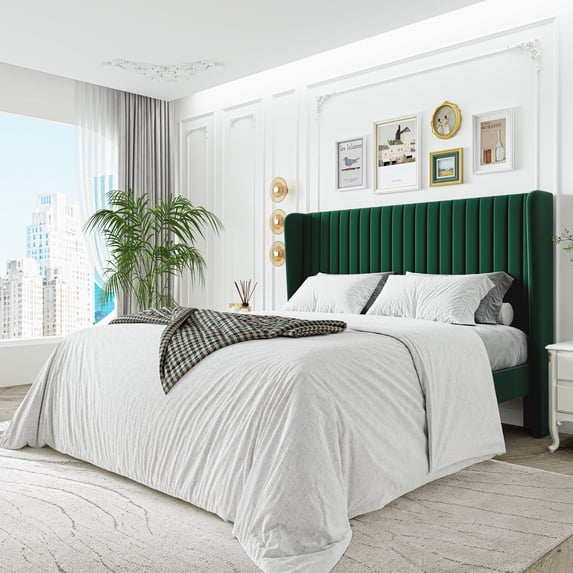 Sha Cerlin Full Size Upholstered Platform Bed Frame with Velvet Channel Wingback Headboard, Green