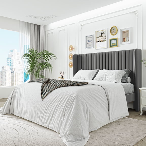 Sha Cerlin Full Size Upholstered Platform Bed Frame with Velvet Channel Wingback Headboard, Light Grey