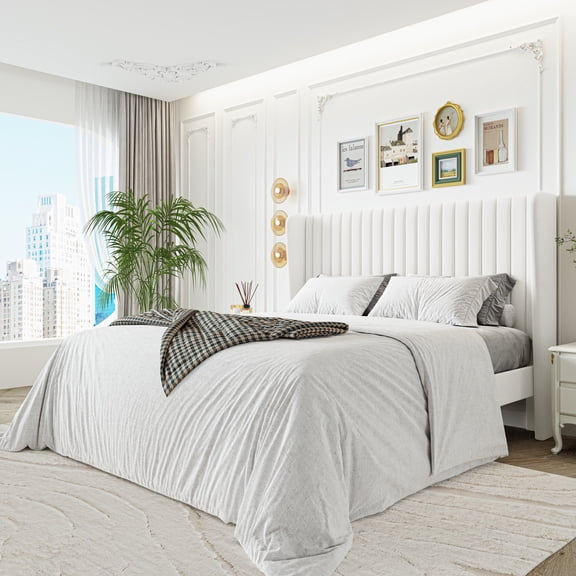 Sha Cerlin Full Size Upholstered Platform Bed Frame with Velvet Channel Wingback Headboard, Off White