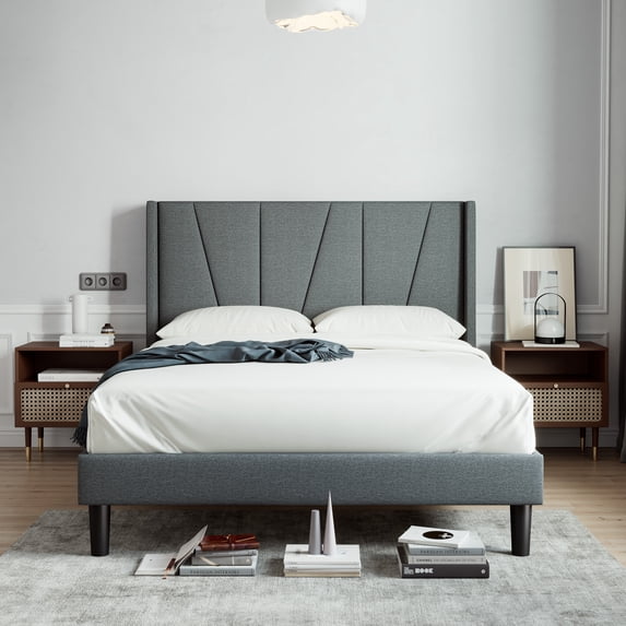 Sha Cerlin Full Bed Frame, Upholstered Platform Bed with Wingback and Geometric Headboard, Gray