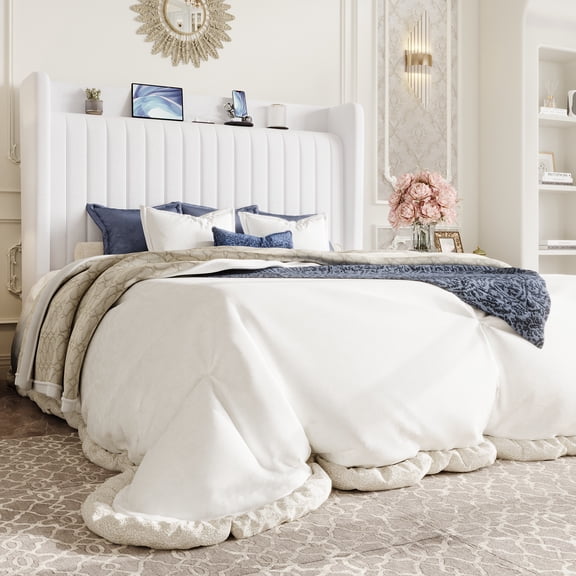 Sha Cerlin Full Size Velvet Bed Frame with USB Charging Station, Wingback Storage Headboard, Upholstered Platform Bed with Wooden Slats Support, No Box Spring Needed, White