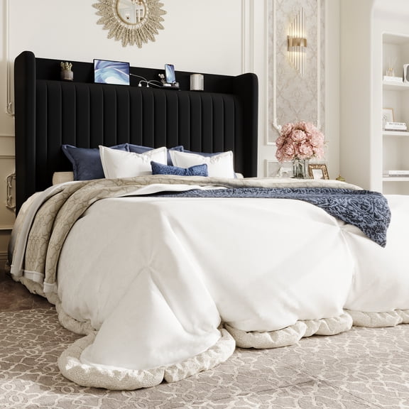 Sha Cerlin Full Size Velvet Bed Frame with USB Charging Station, Wingback Storage Headboard, Upholstered Platform Bed with Wooden Slats Support, No Box Spring Needed, Black