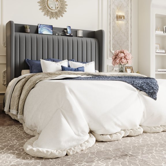 Sha Cerlin Full Size Velvet Bed Frame with USB Charging Station, Wingback Storage Headboard, Upholstered Platform Bed with Wooden Slats Support, No Box Spring Needed, Gray