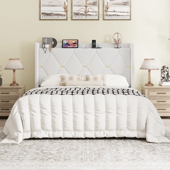 Sha Cerlin Full Size Velvet Upholstered Bed Frame with Charging Station, Modern Wingback Storage Headboard, Diamond Stitched & Gold Trim, No Box Spring Needed, Easy Assembly, White