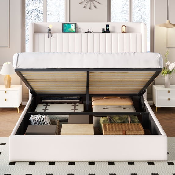 Sha Cerlin Full Size Velvet Wingback Lift-Up Storage Bed Frame with Built-in Charging Station, No Box Spring Needed, White