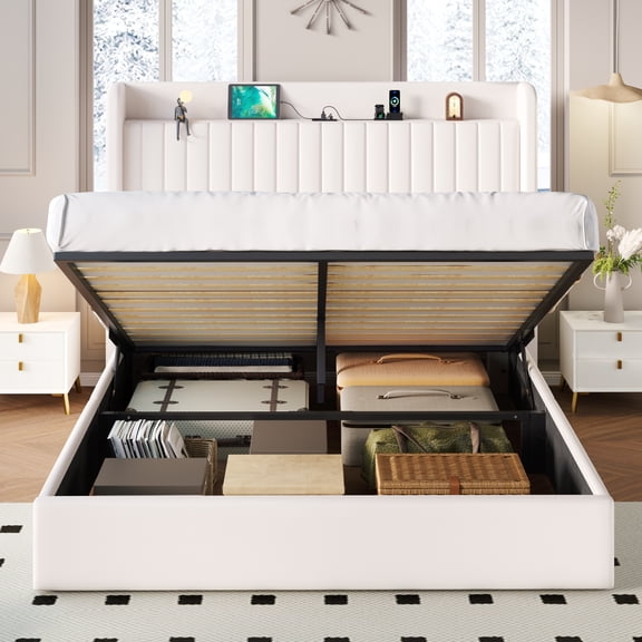 Sha Cerlin Full Size Velvet Wingback Lift-Up Storage Bed Frame with Built-in Charging Station, No Box Spring Needed, White