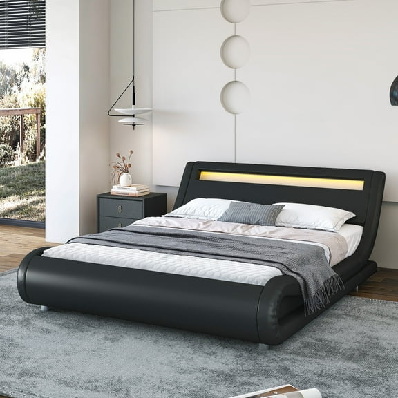 Sha Cerlin Full Size Wave-Like Curve PU Leather Platform Bed Frame with Adjustable Headboard and LED Lights, Black