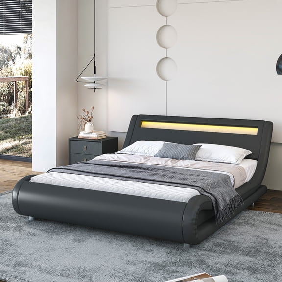 Sha Cerlin Full Size Wave-Like Curve PU Leather Platform Bed Frame with Adjustable Headboard and LED Lights, Dark Grey