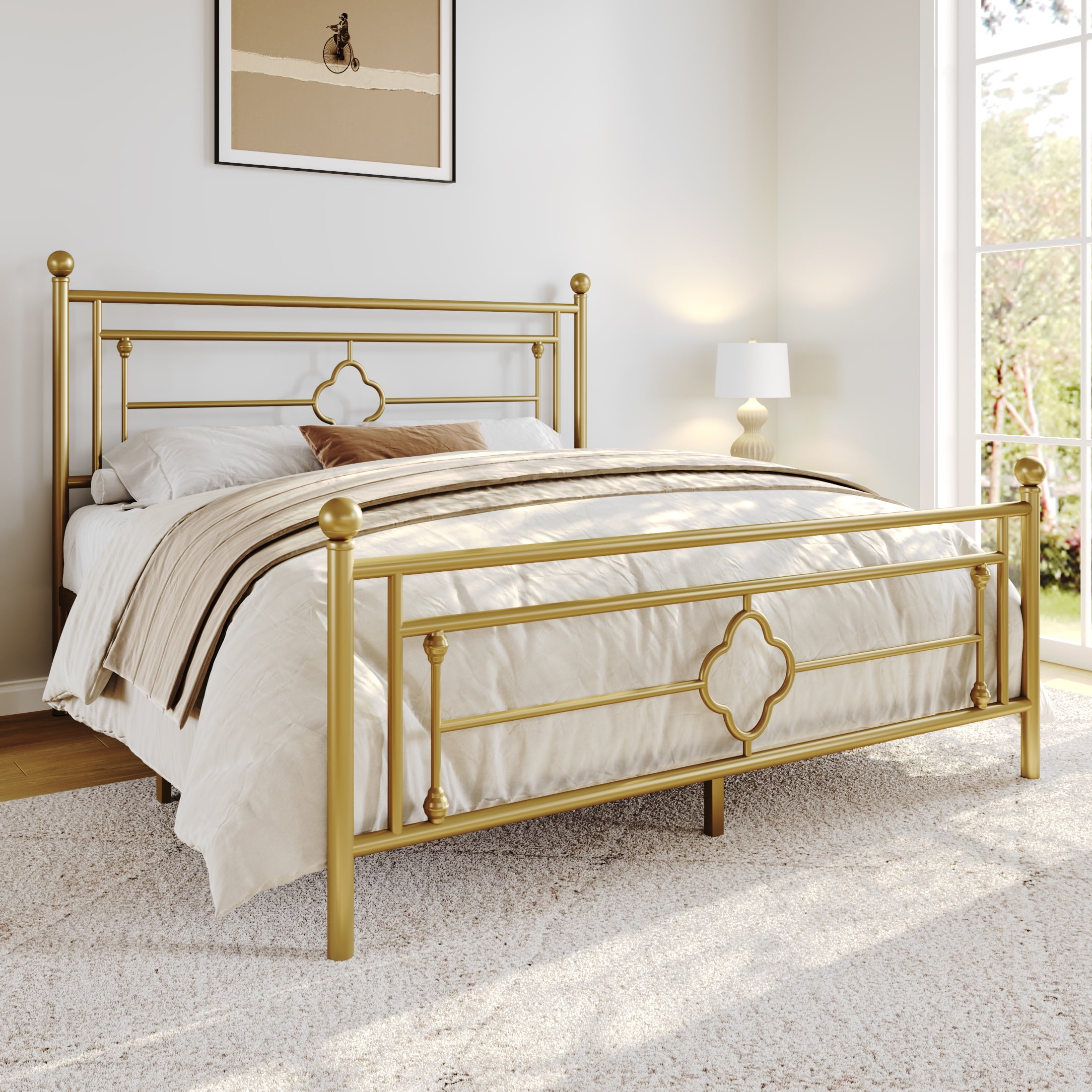 Sha Cerlin Gold Full Size Metal Platform Bed Frame with Victorian Vintage Headboard