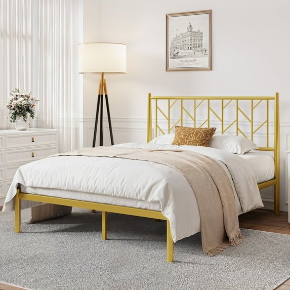 Sha Cerlin Gold Queen Size Metal Platform Bed Frame with Victorian Vintage Headboard & Underbed Storage, Adult