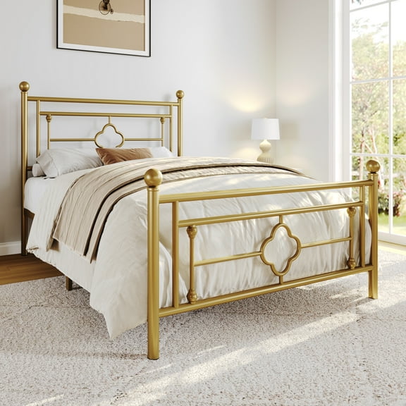 Sha Cerlin Gold Twin Size Metal Platform Bed Frame with Victorian Vintage Headboard