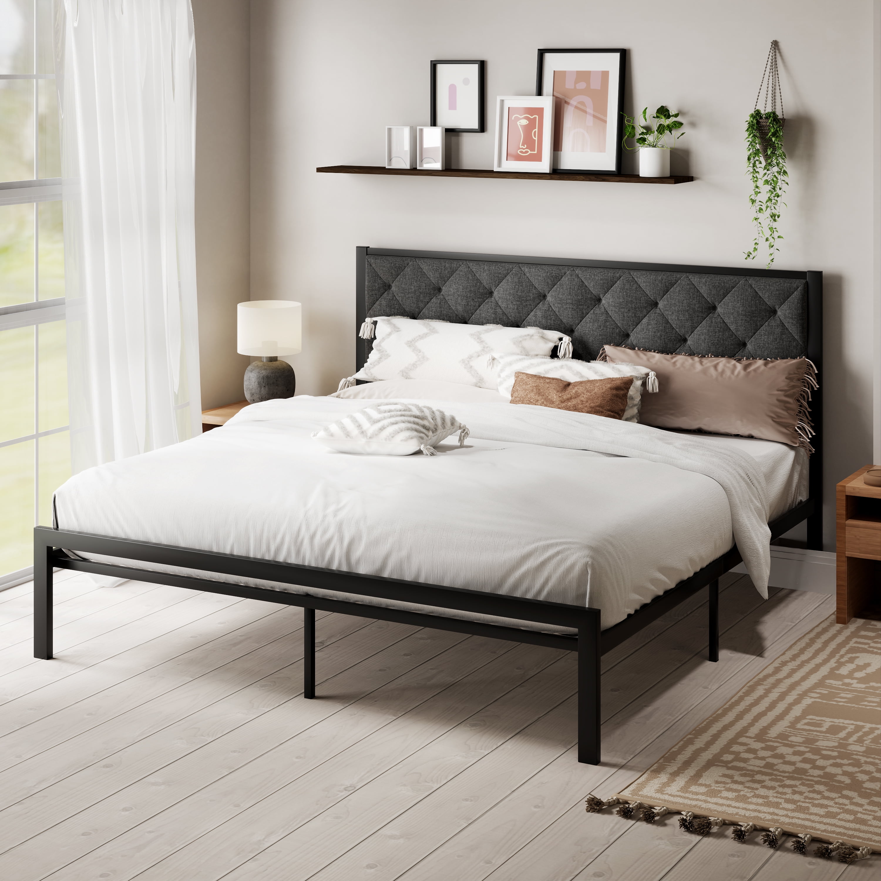 Sha Cerlin Grey King Size Metal Platform Bed Frame with Fabric ...