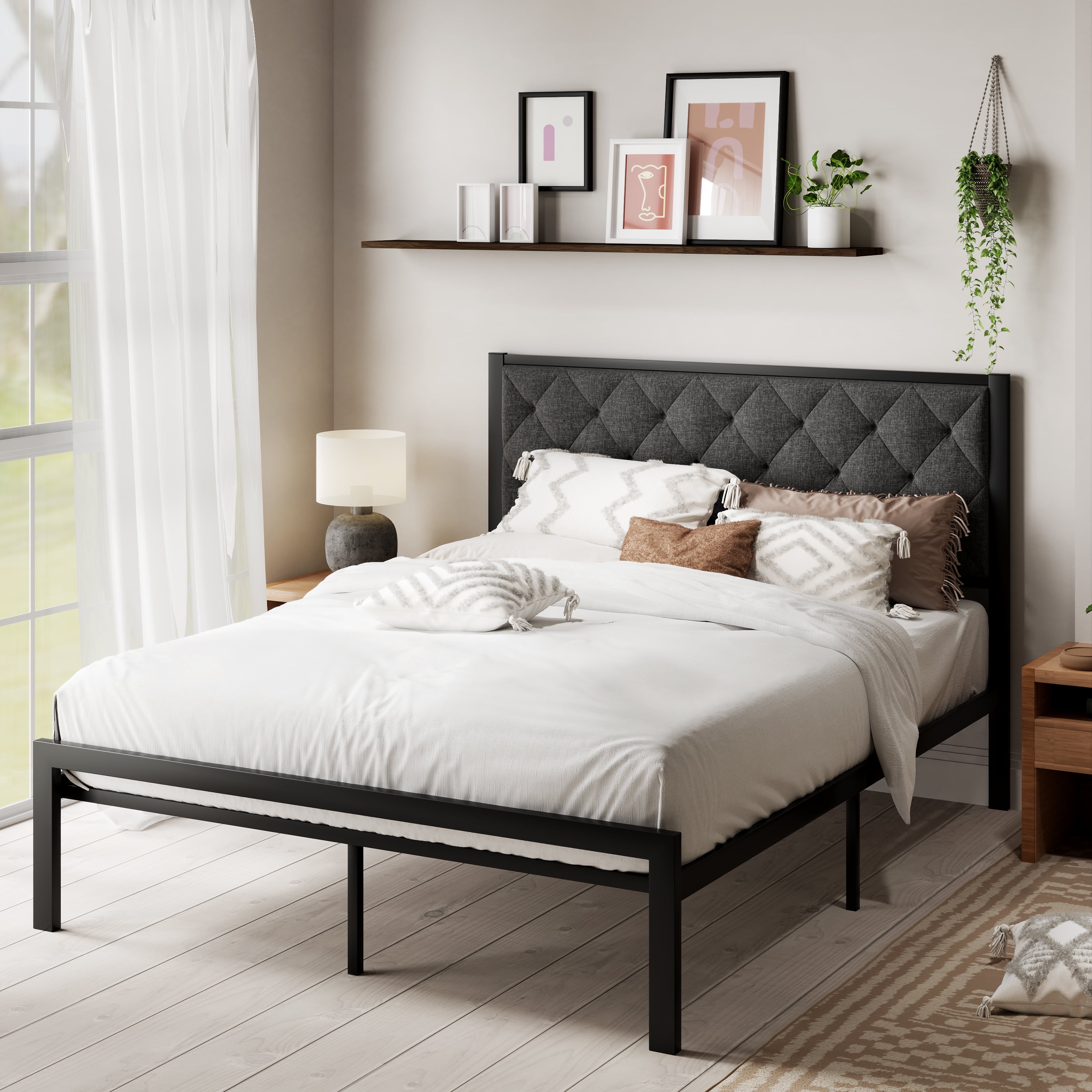 Sha Cerlin Grey Queen Size Metal Platform Bed Frame with Tufted