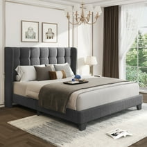 Sha Cerlin Grey Queen Size Platform Bed Frame with Tufted Headboard & Wingback, Adult