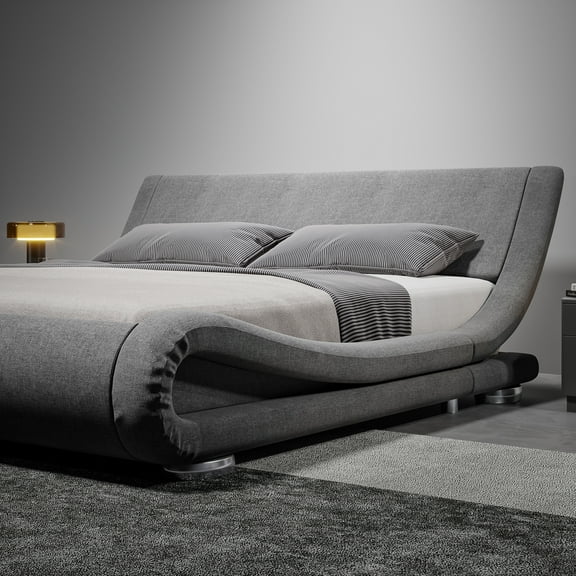 Sha Cerlin Grey Queen Upholstered Fabric Platform Bed Frame with Adjustable Headboard, Adult