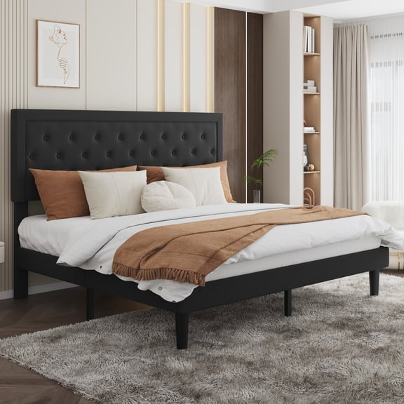SHA CERLIN King Bed Frame with Adjustable Headboard, Fabric Upholstered Platform Bed, No Box Spring Required, Black