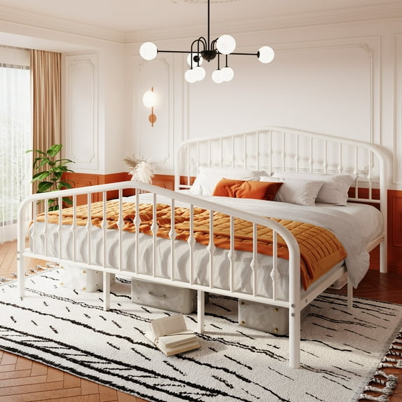 Sha Cerlin King Size Bed Frame, Metal Platform Bed with Victorian Vintage Headboard & Footboard, White