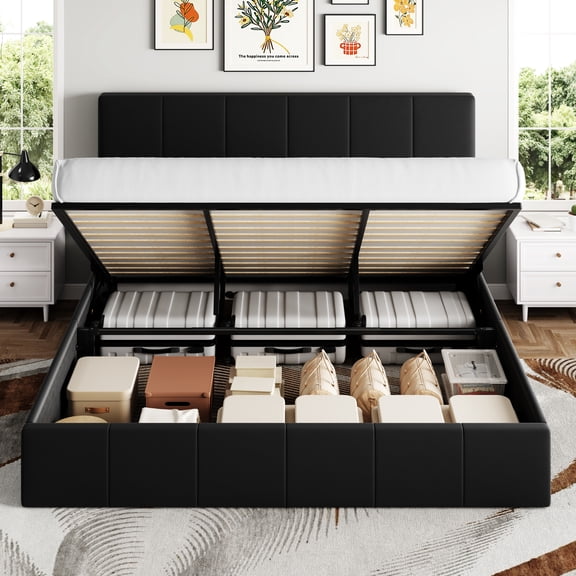 Sha Cerlin King Size Lift Up Storage Bed Frame, Adjustable Headboard, Hydraulic Support, Velvet Upholstered, Easy Installation, No Box Spring Needed, Black