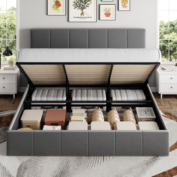 Sha Cerlin King Size Lift Up Storage Bed Frame, Adjustable Headboard, Hydraulic Support, Velvet Upholstered, Easy Installation, No Box Spring Needed, Gray