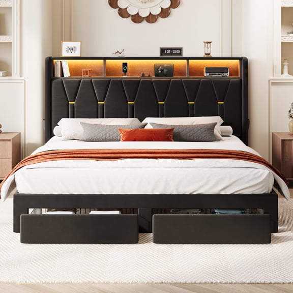 Sha Cerlin King Size Platform Bed Frame with 2-Tier Storage Shelf and Velvet Wingback Upholstered Headboard, LED Lights and Charging Station, Black