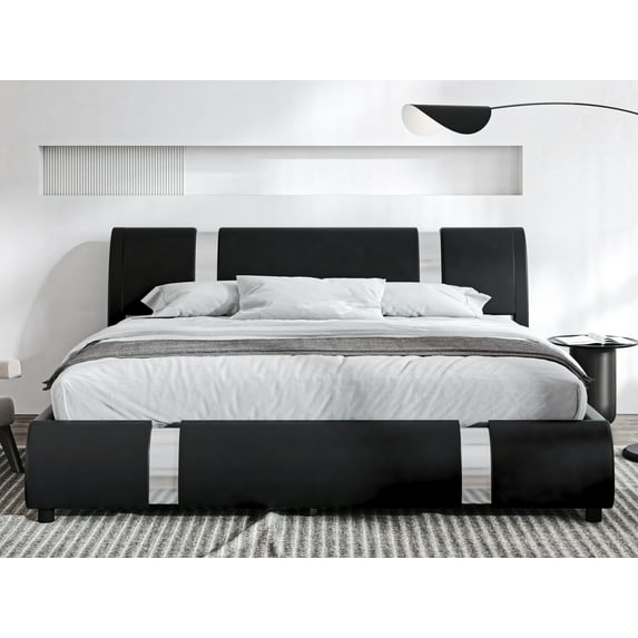 Sha Cerlin King Size Platform Bed Frame with Delux Iron Pieces Decor and Modern Faux Leather, Black