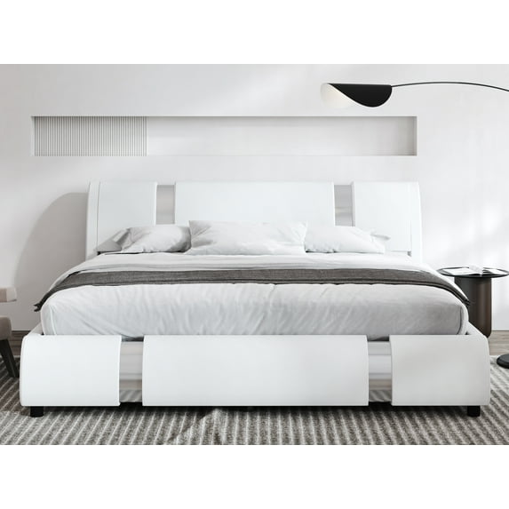 Sha Cerlin King Size Platform Bed Frame with Delux Iron Pieces Decor and Modern Faux Leather, White