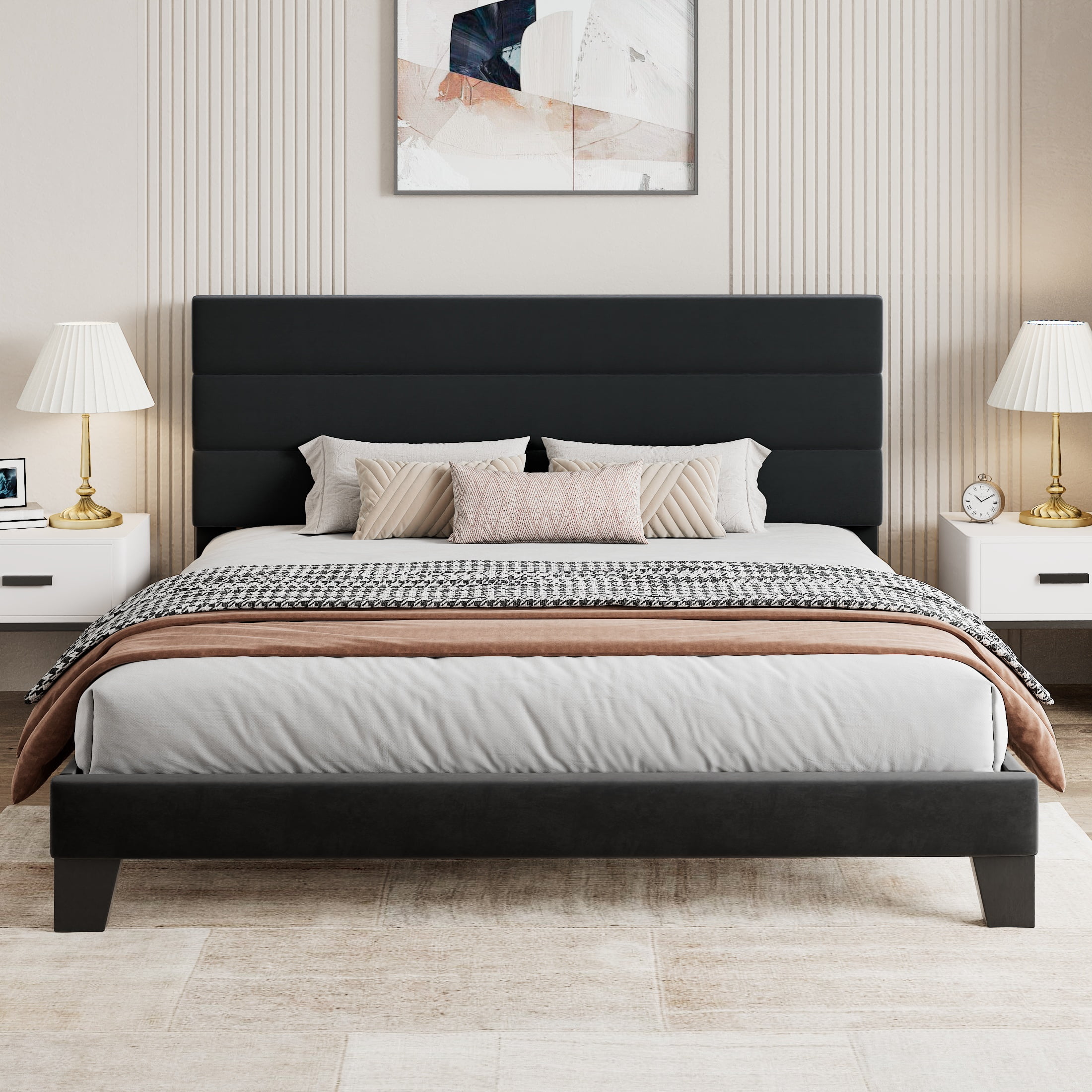 Sha Cerlin King Size Platform Bed Frame with Upholstered Velvet Headboard, Black