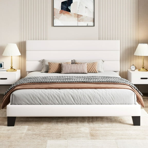 Sha Cerlin King Size Platform Bed Frame with Upholstered Velvet Headboard, White
