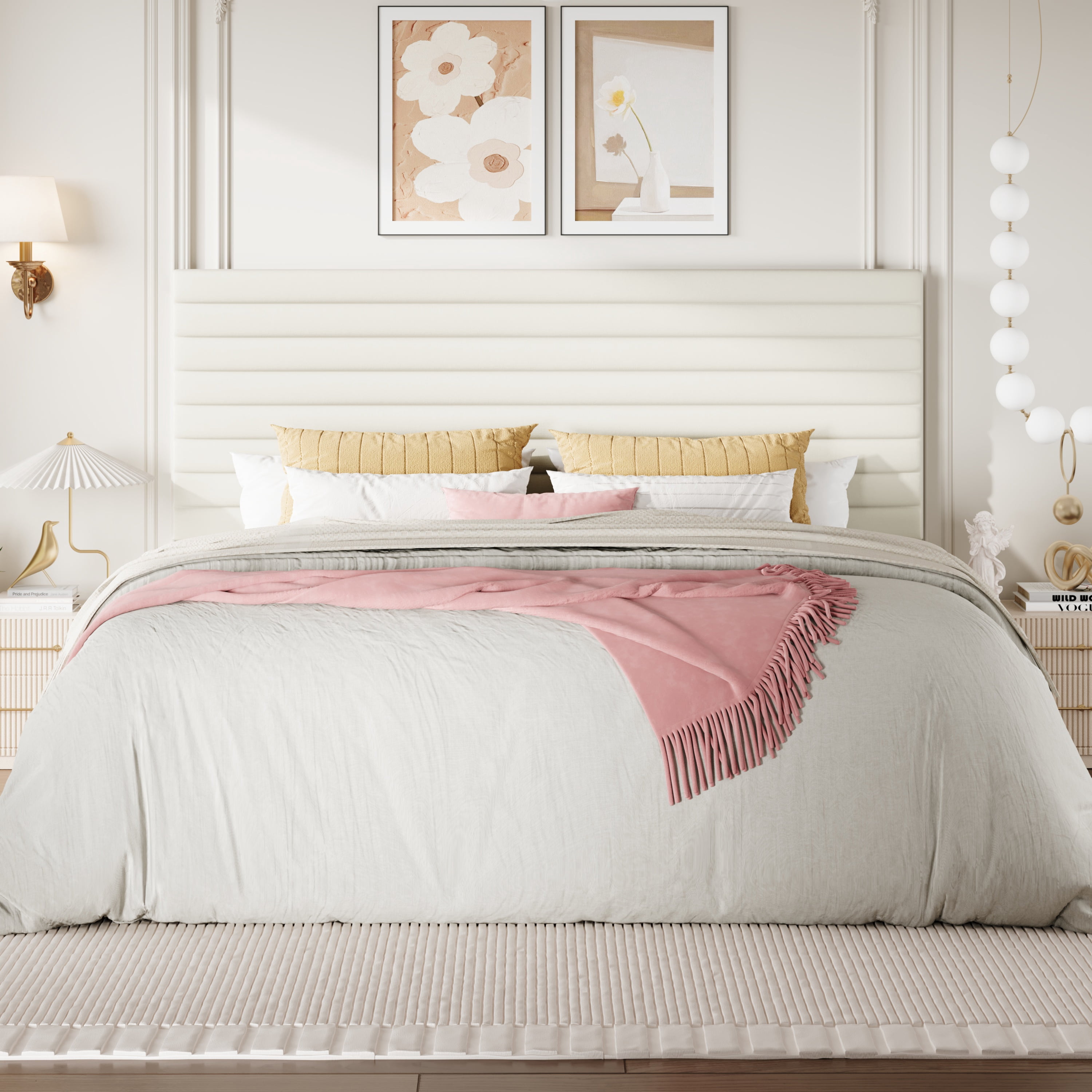 Sha Cerlin King Size Platform Bed Frame with Velvet Adjustable Headboard, No Box Spring Needed, Cream White