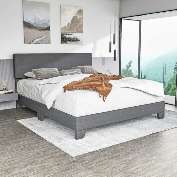 Sha Cerlin King Size Upholstered Platform Bed Fame with Adjustable Fabric Headboard, Wood Slat Support, Dark Grey