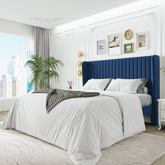 Sha Cerlin King Size Upholstered Platform Bed Frame with Velvet Channel Wingback Headboard, Dark Blue