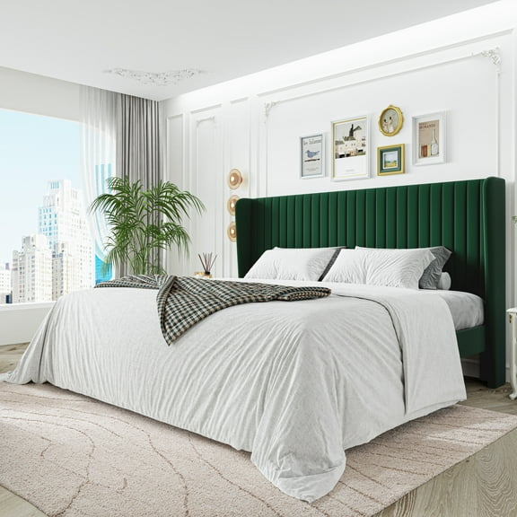 Sha Cerlin King Size Upholstered Platform Bed Frame with Velvet Channel Wingback Headboard, Green