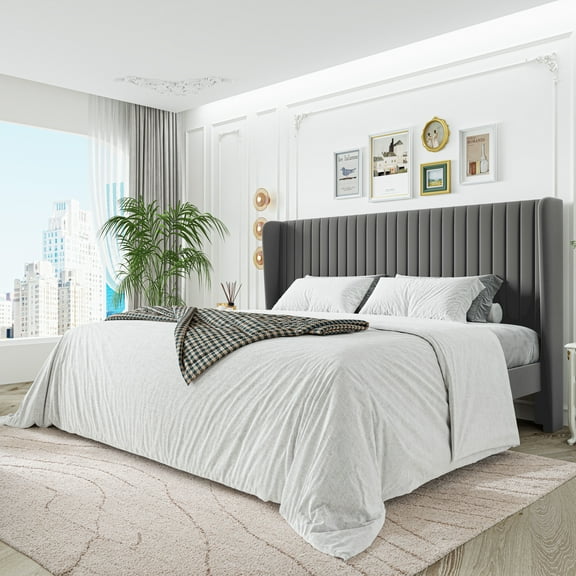 Sha Cerlin King Size Upholstered Platform Bed Frame with Velvet Channel Wingback Headboard, Light Grey