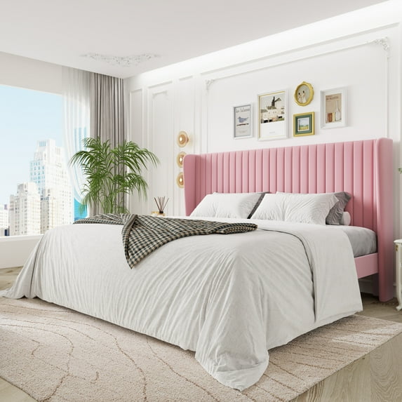 Sha Cerlin King Size Upholstered Platform Bed Frame with Velvet Channel Wingback Headboard, Pink