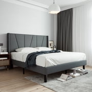 Sha Cerlin King Bed Frame, Upholstered Platform Bed with Wingback and Geometric Headboard, Gray