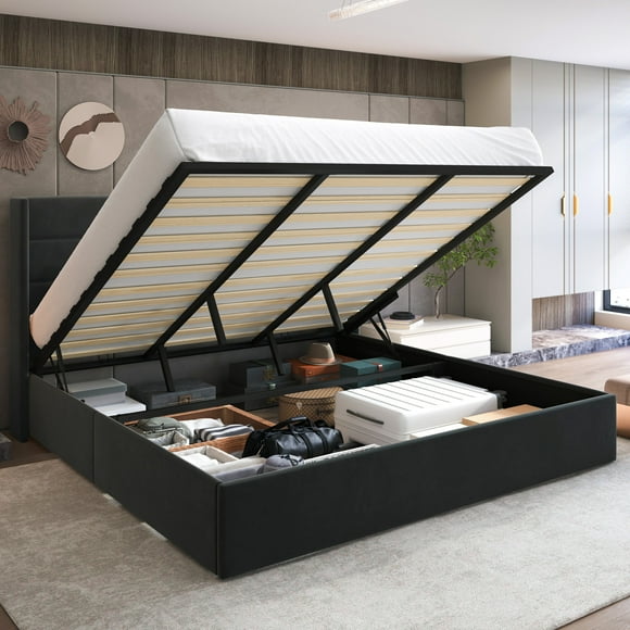 Sha Cerlin King Size Velvet Lift Up Hydraulic Storage Bed Frame, Platform Bed with Upholstered Wingback Headboard, No Box Spring Needed, Black