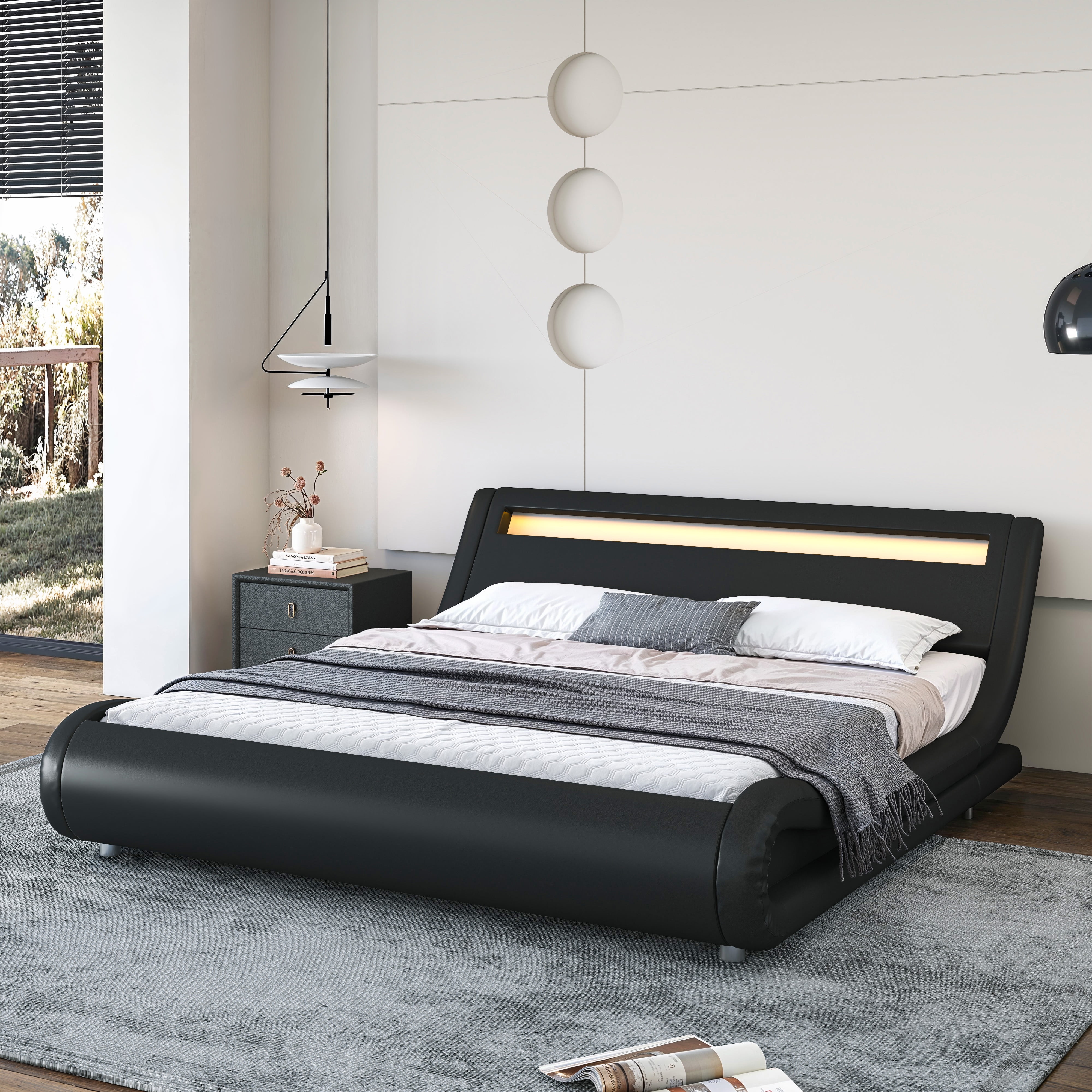 Sha Cerlin King Size WaveLike Curve PU Leather Platform Bed Frame with