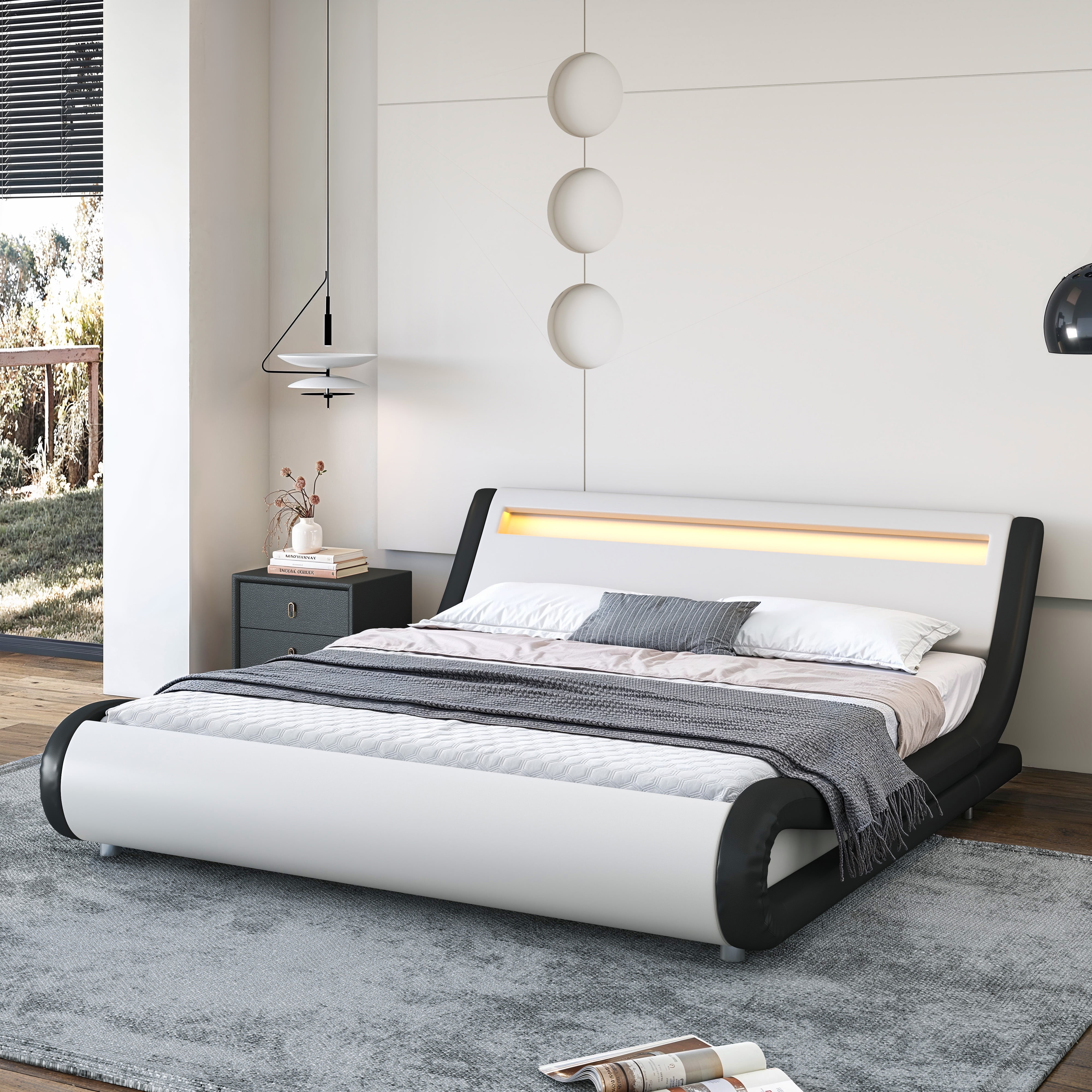 Sha Cerlin King Size WaveLike Curve PU Leather Platform Bed Frame with