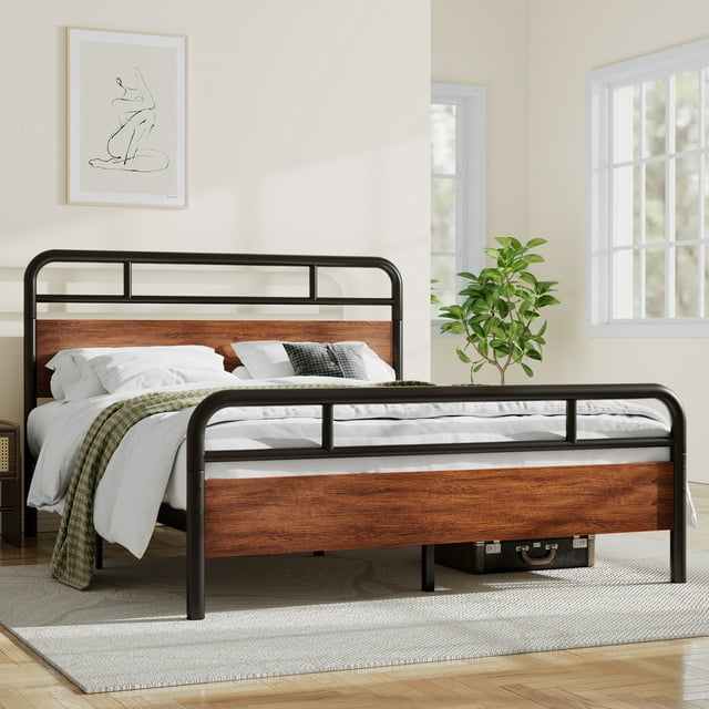 Sha Cerlin Light Brown Queen Size Metal Platform Bed Frame with Industrial Heavy Duty Wooden Headboard